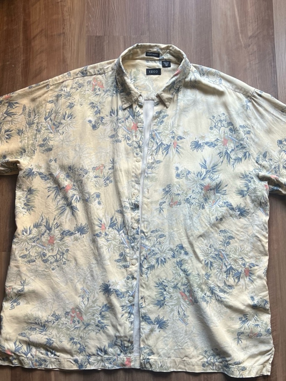 Izod Silk Beige Floral Short-Sleeve Button Down Shirt with Blue and Pink Accents